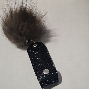 ❤️New Faux Fur Pom Keychain with Textured Black Leather Case